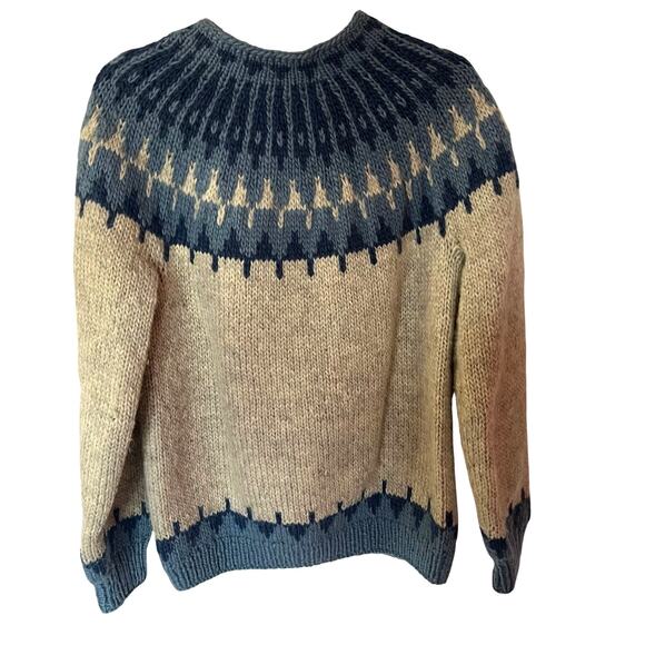 Handmade Fair Isle Wool Full Zip Sweater Blue Cream SZ M - Picture 2 of 7